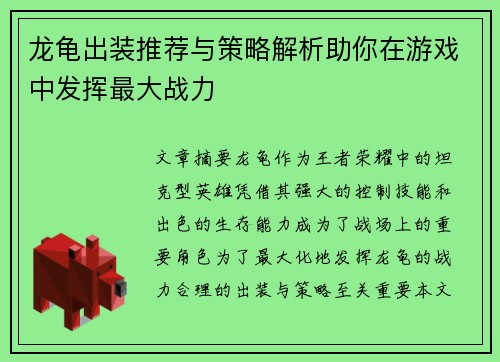 龙龟出装推荐与策略解析助你在游戏中发挥最大战力