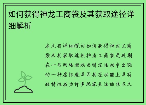 如何获得神龙工商袋及其获取途径详细解析